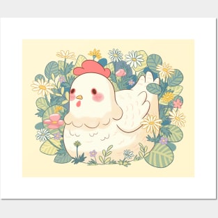 Cute chicken with flowers illustration Posters and Art